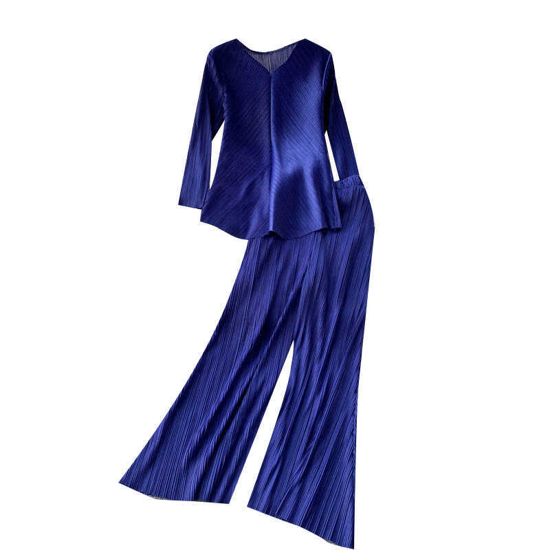 DEAT Women Pleated V-neck Top Long Pants Two Piece Set Fashion Temperament Spring Summer 11D1552 210709