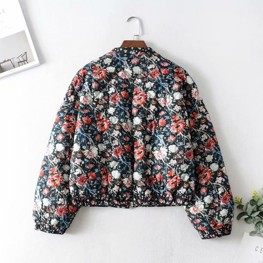 Vintage Chic Women Floral Print Parkas Fashion Autumn Female Bomber Jacket Zipper Stand Collar Casual Outerwear Streetwear 210520