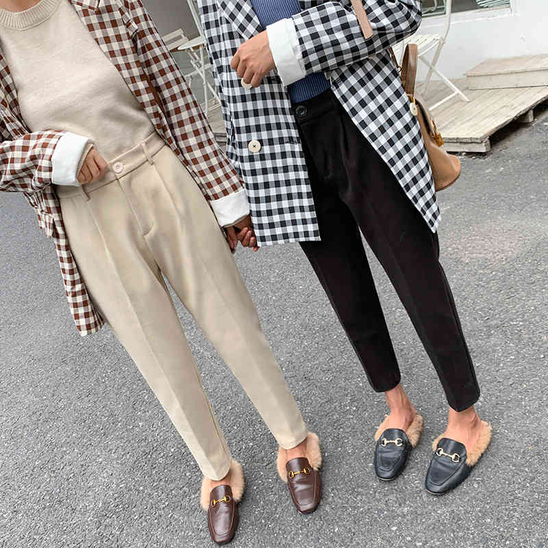 Winter Wool Pants women High Slim Waist Harem Elegant Trousers Female OL Autumn Warm Women's Ankle-Length 210514