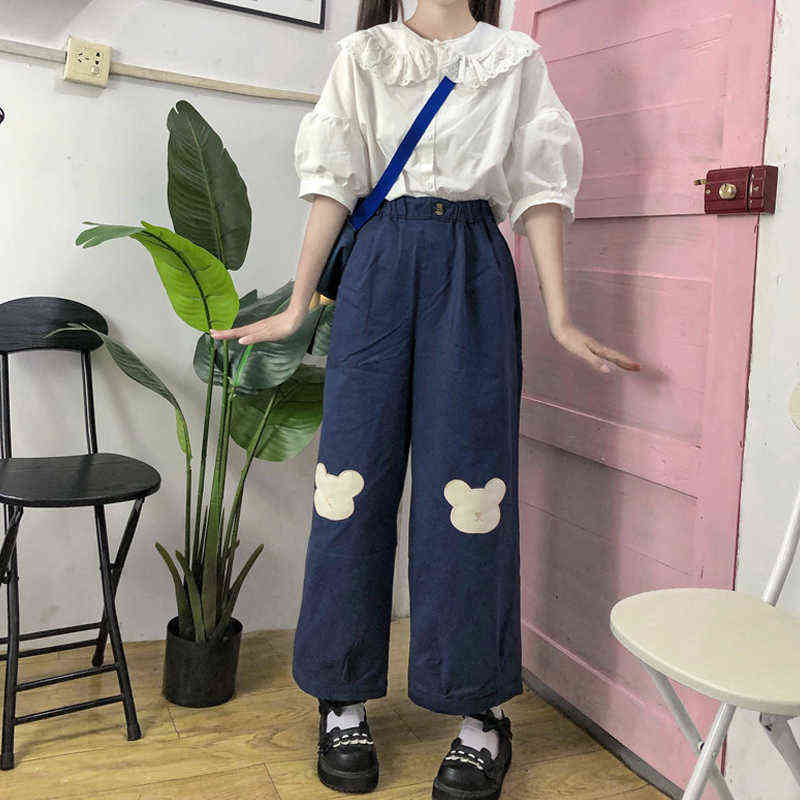 Japanese Kawaii Women Soft Girl Pants Korean Teen Girls Loose Thin Cartoon Bear Embroidery Wild Casual Female Cute 211115