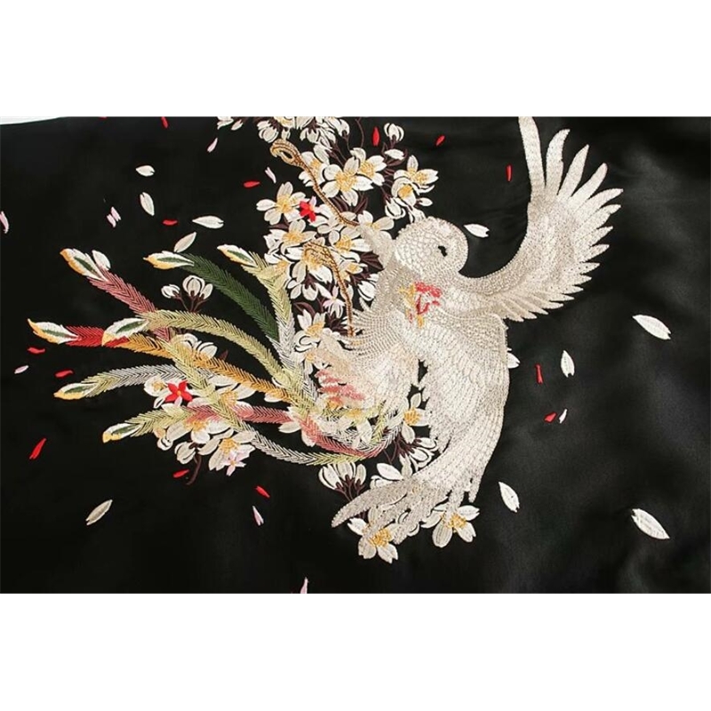 Spring Bohemian Satin Phoenix Embroidery Kimono Cardigan Women Tie Bow Sashes Long Jacket Coat Black Outerwear Holiday 210429