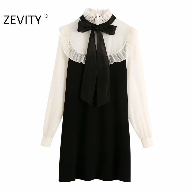 ZEVITY women elegant bow tied chiffon patchwork knitting ruffles shirtdress Office lady casual vestidos chic mini dresses DS4528 210419