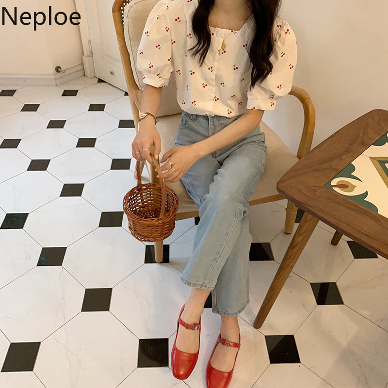 Neploe Vintage Print Cherry Women Blouses Square Collar Sweet Puff Sleeve Shirt Loose All-match Summer White Blouse Tops Female 210422