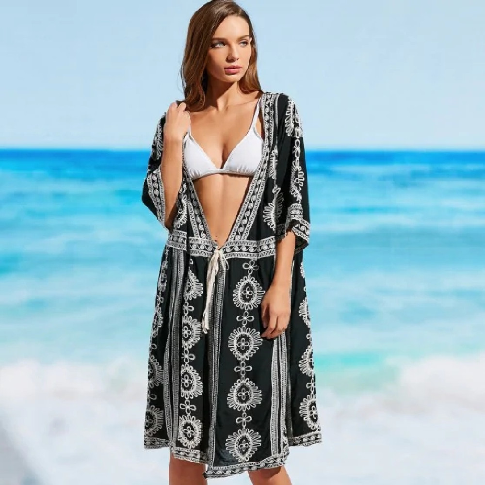 Indie Folk Embroidered Bikini Cover-ups Sexy Front Open Three Quarter Sleeve Long Kimono Cardigan Plus Size Women Beachwear Q879 210420