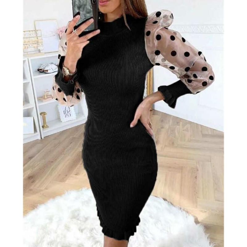 Fashion Polka Dot Mesh Sheer Puff-Sleeve Women Dress Ladies Autumn Knitted Slim Pencil Casual Dresses