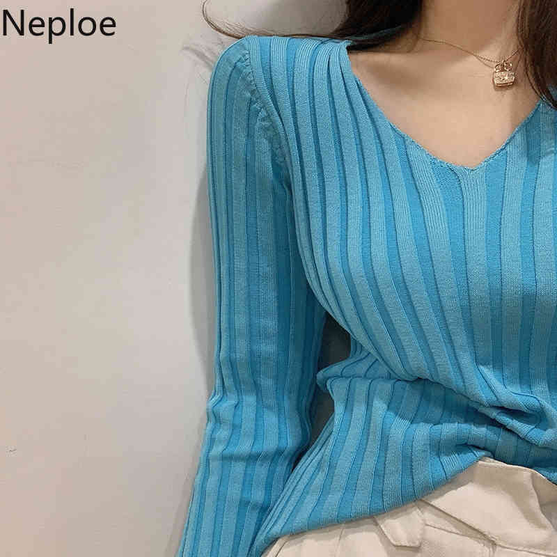 Neploe Knitted Pullovers Long Sleeve V-neck Sweaters Women Korean Fashion Coat Tops Slim Fit Solid Color Sueter Mujer 94712 210422