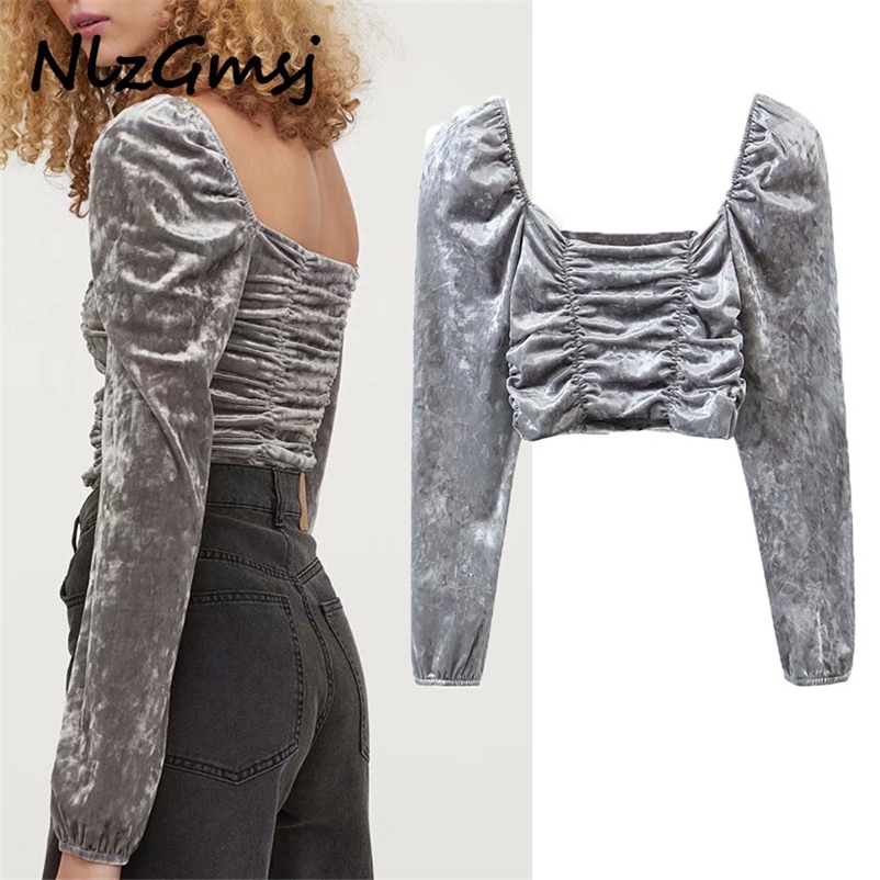 Blouse Women Sexy Pleated Velvet Cropped Blouses Vintage Square Collar Long Sleeve Female Shirts Streetwear 210628, As picture
Blouse Women Sexy Pleated Velvet Cropped Blouses Vintage Square Collar Long Sleeve Female Shirts Streetwear 210628, As picture