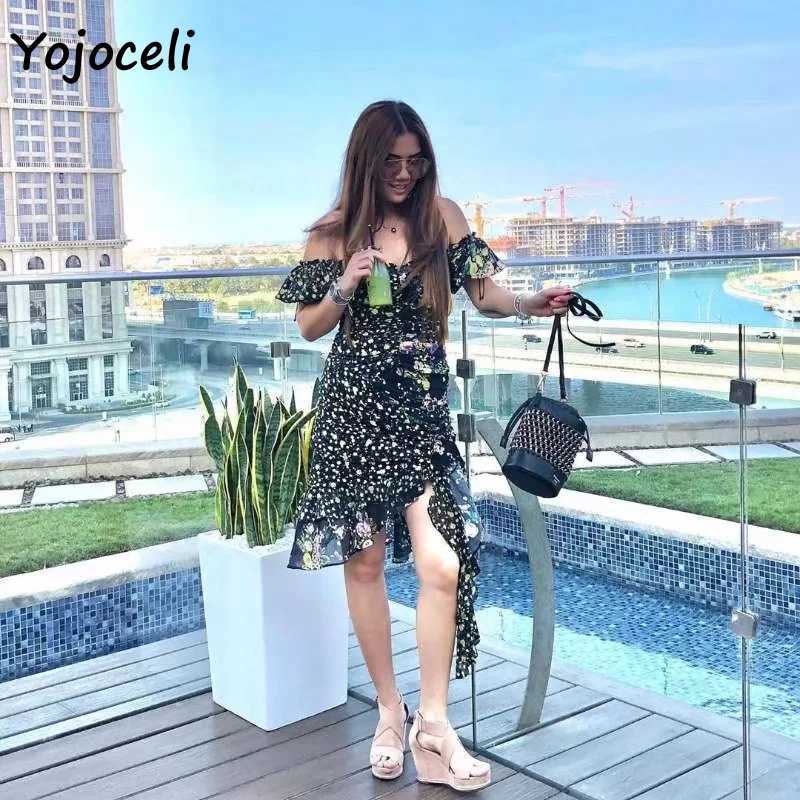 Yojoceli floral print puff sleeve dres party club irregular hem boho beach mini 210609
