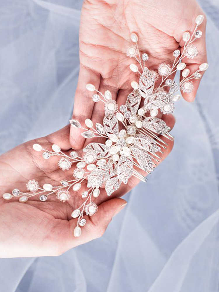 Trendy Leaf Pearl Rose Gold Wedding Hair Combs Tiara Bridal Headpiece Women Head Decorative Jewelry Accessories 210707