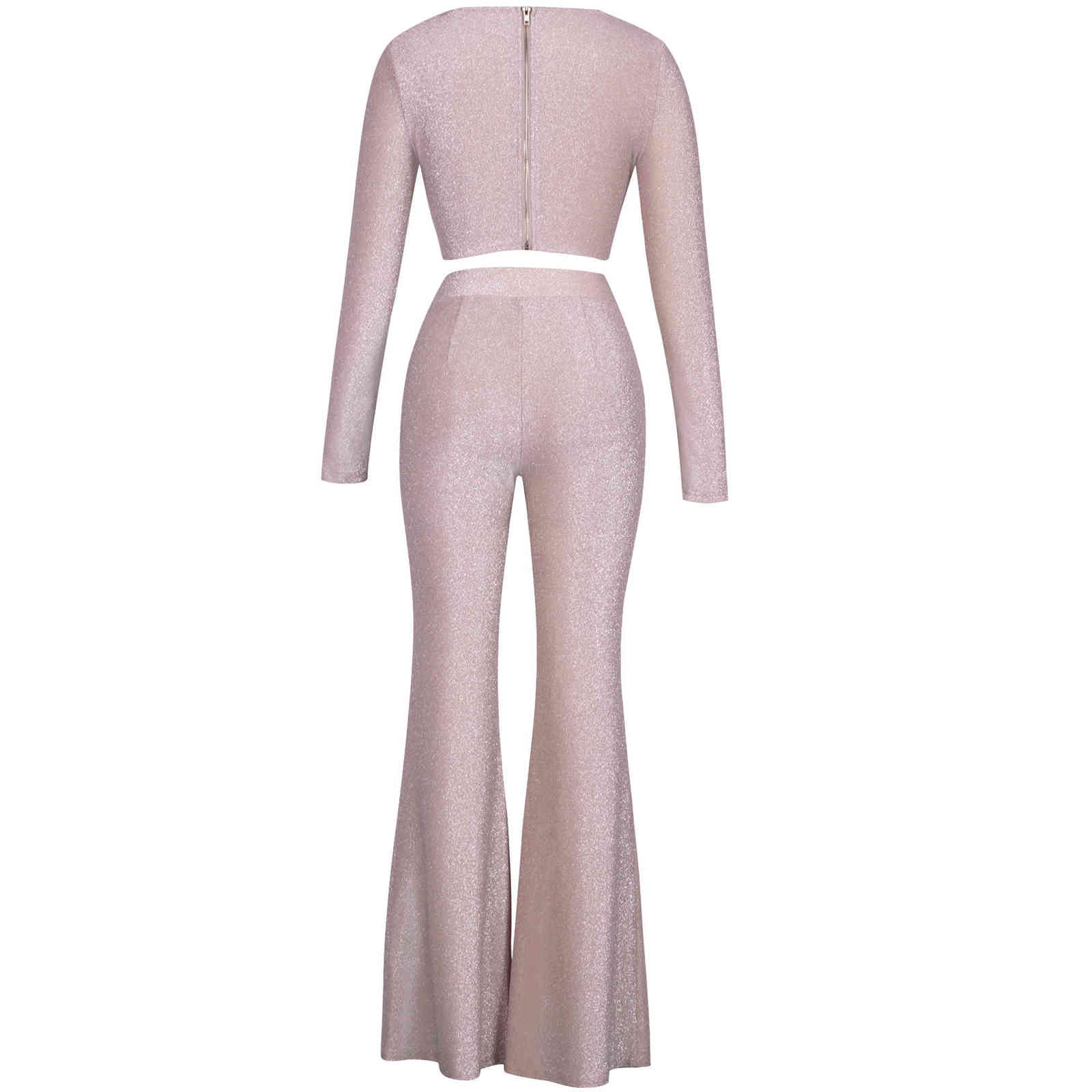 Glitter Draping Long Sleeve Top and Pants Two Piece Set Arrival Pink 2 PIece Set Women Autumn Sexy Club Party Outfits 211116