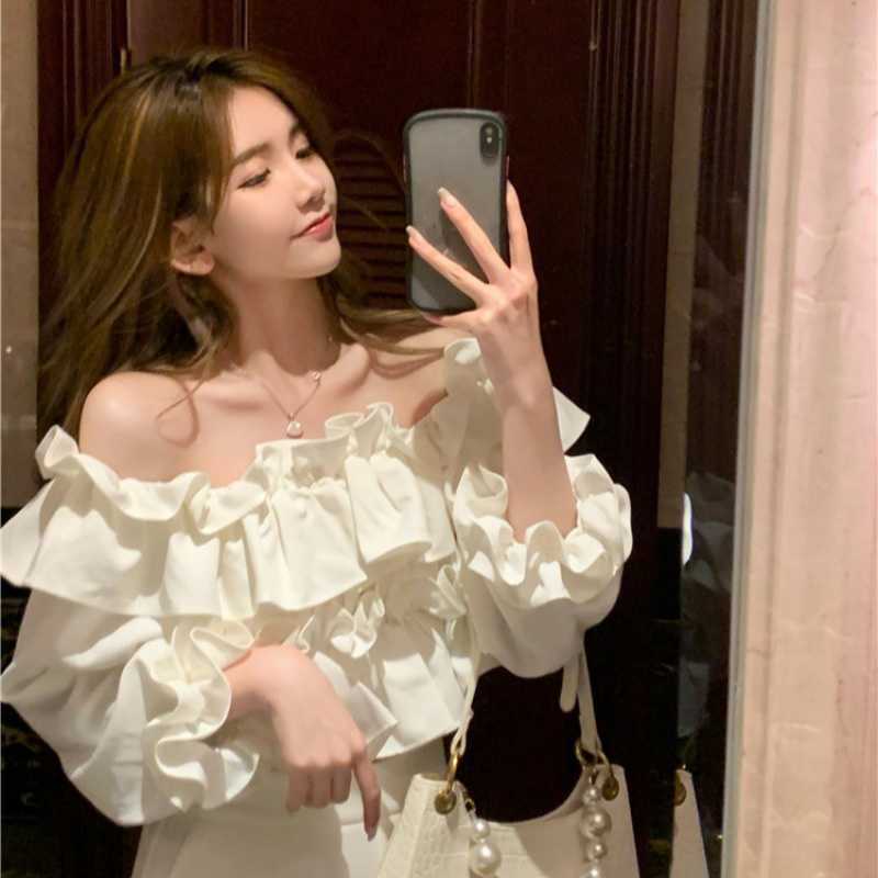 Sweet Fresh Sexy Slash Neck Long Sleeve Blouses for Women Summer French Style Crop Tops Fashion Kawaii All-match Woman Blouse 210525