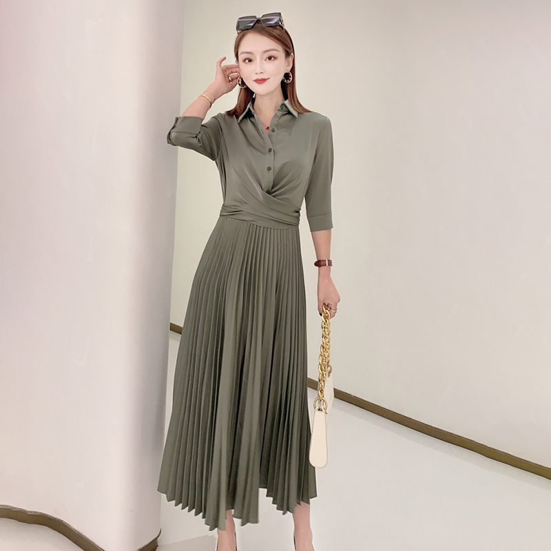 VGH Vintage Pink Shirt Dress For Women Lapel High Waist Pleated Elegant Midi Dresses Female Fashion New Clothing Spring Style 210421