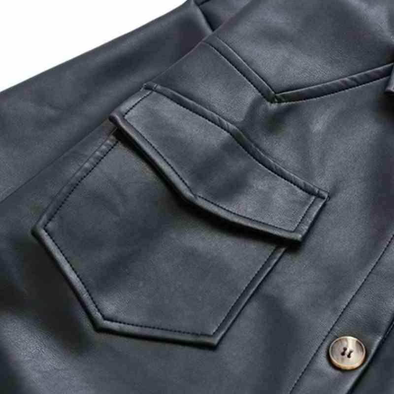 Women Patch Pocket Black PU Leather Shirt Female Short Sleeve Blouse Fashion Lady Loose Tops Blusas S8779 210430