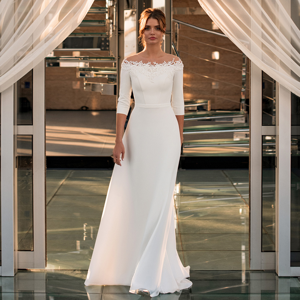 Simple Wedding Dress 2021New Arrival Boat Neck 3/4 Sleeves Beading Appliques A Line Soft Satin Bridal Gown Robe De Mariee
