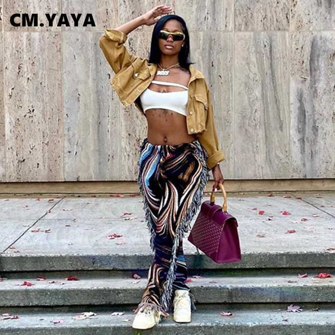 CM.YAYA Autumn Spring Women Pants High Waist Activewear Pencil Trousers Sporty Print Tassel Jogger Sweatpants 210830