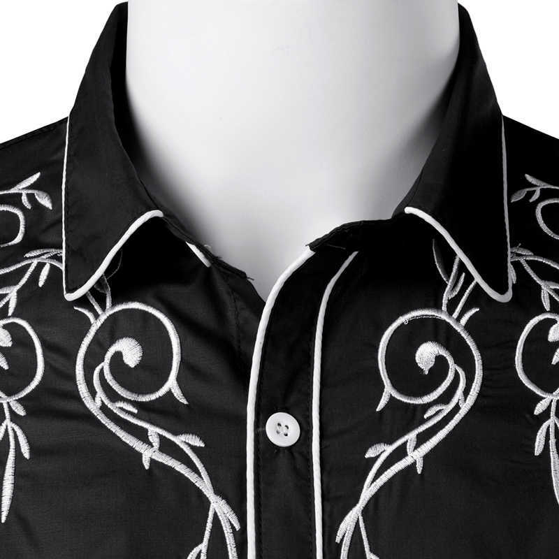 Stylish Western Cowboy Shirt Men Brand Design Embroidery Slim Fit Casual Long Sleeve Shirts Mens Wedding Party Shirt for Male P0812