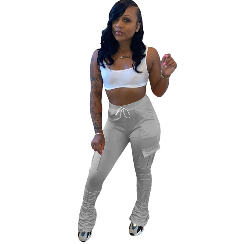 Wholesale Women Sports Pants High Waist Flare Pants Casual Solid Long Trousers plus size 2XL Fall Winter clothes Stacked Leggings with Pockets running