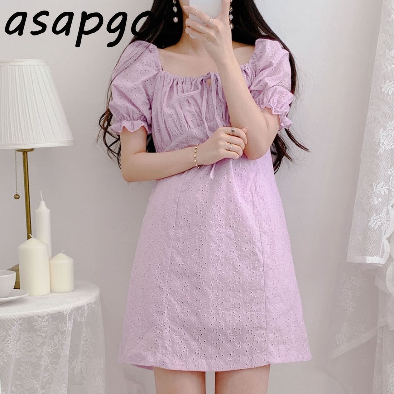 Sweet Girls Summer Retro Slim Waist Temperament Square Neck Puff Short Sleeve Purple Embroidered Dress Mini White Hollow Out 210429