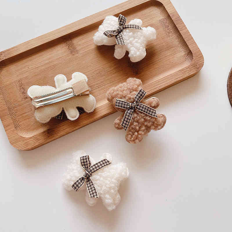 Hair Accessories Autumn and Winter Lovely Milk Coffee Color Plush Bear Side Clip Girl Heart Versatile Hairpin Bag Cloth Wind