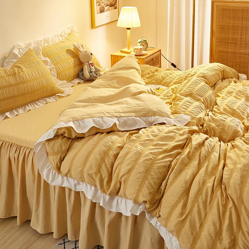 Princess Bedding Set Seersucker Solid Ruffles Duvet Cover Cotton&Polyester Flat Sheet /Bed Skirt Wedding Bedclothes Home Textile Sets