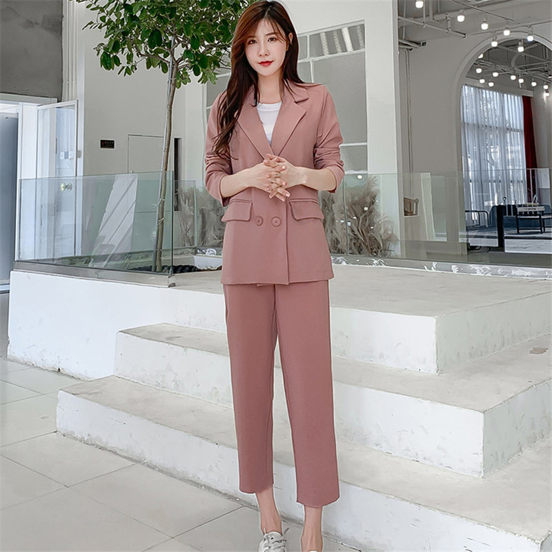 Solid Chic Elegance Slim Gentle All Match OL Blazer +Straight Loose Trouser Office Lady Women Suits 2 Piece Sets 210421