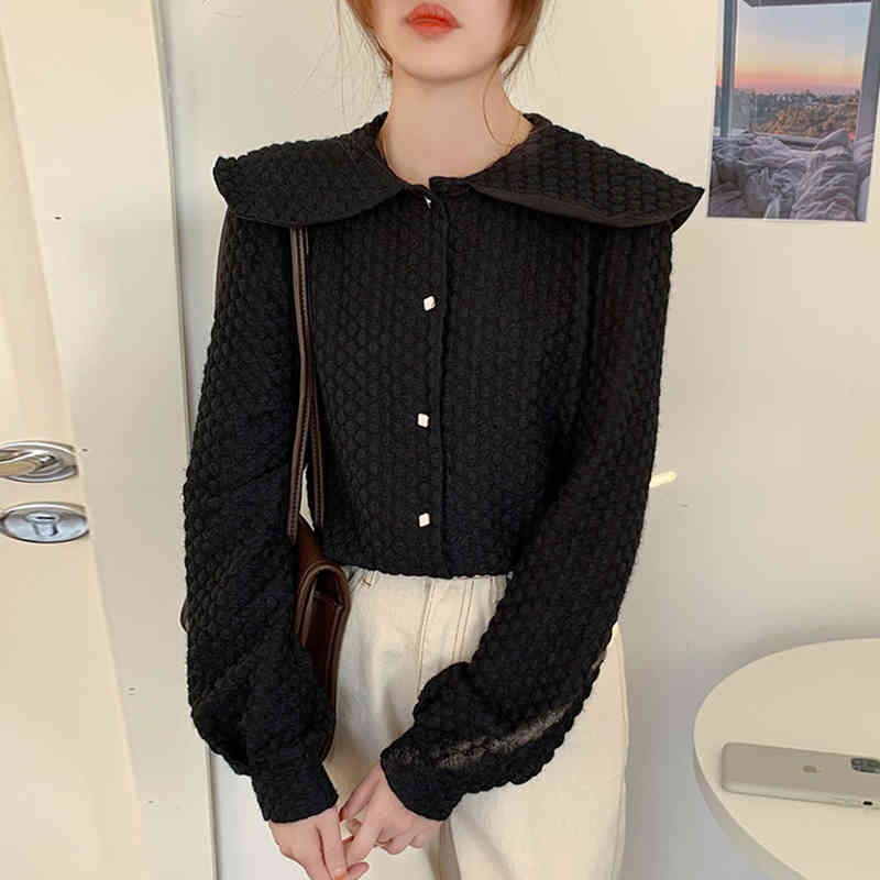 Nomikuma Sweet Peter Pan Collar Women Blouse Korean Autumn Winter Thick Top Blusas New Causal Femme Shirts Mujer 6D709 210427