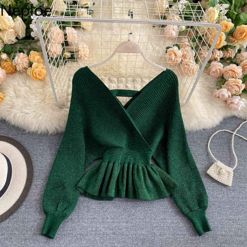 Neploe Bling Sweater Knitted Cropped Pullovers Temperament V-neck Slim Waist Jupmer Ruffles Long Sleeve Knitwear Tops 95499 210422