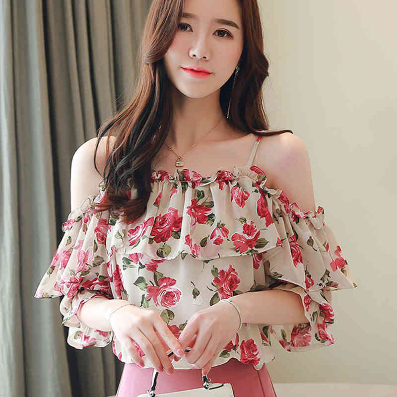 Floral Chiffon Shirt Summer off-the-Shoulder Ruffled Short-Sleeved Tops Women Camisas Mujer womens clothing 698C 210420