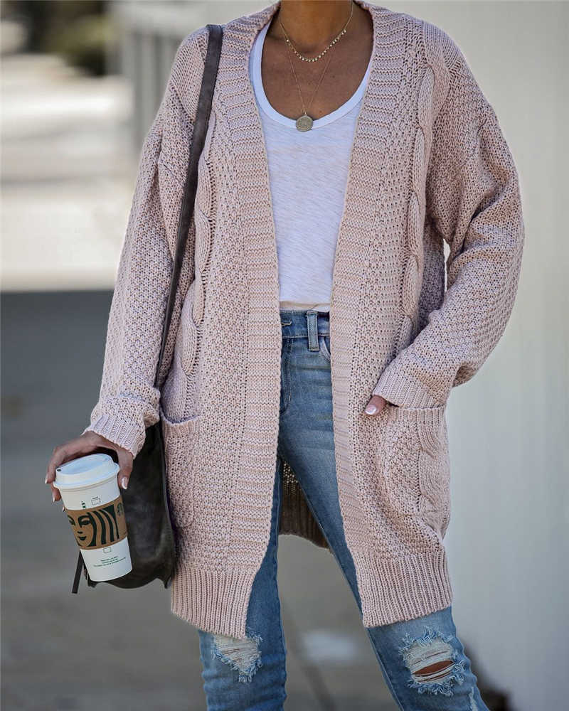 Fitshinling Pockets Twist Women's Cardigans Knitted Winter Coat Vintage Slim Holiday Boho Long Cardigan Female Knitwear 211011Z