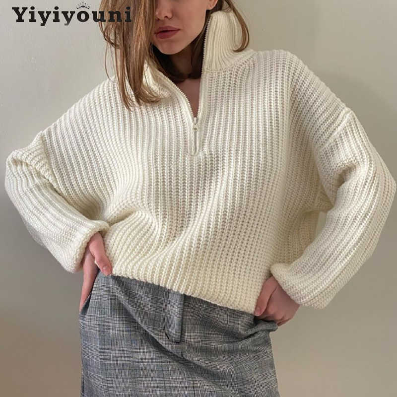 Yiyiyouni Zipper Polo Collar Knitted Oversized Sweater Women Autumn Winter Casual Thick Pullovers Female Loose White Jumper 210918