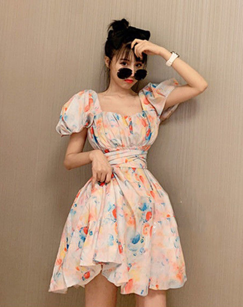 fashion young girl printed mini dress high waist puff sleeve vintage Victorian style French dresses retro sweet 210421