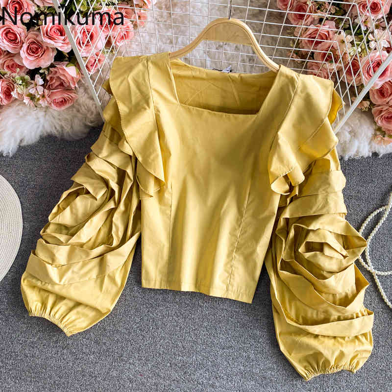 Nomikuma Korean Square Collar Slim Short Blouse Ruffle Pleated Puff Long Sleeve Tops Spring New Sweet Blusas Shirt 6G337 210427