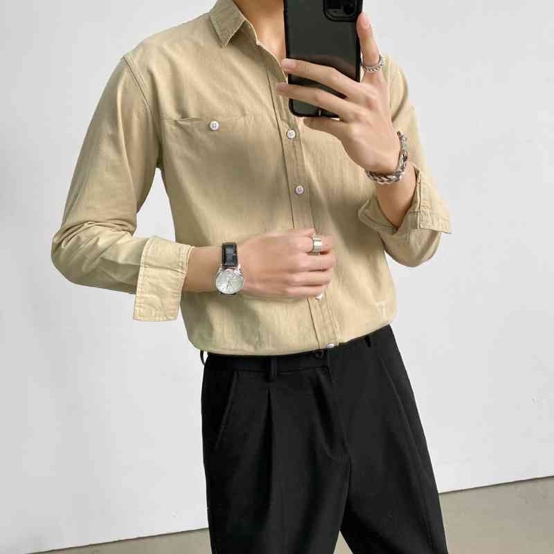 Spring New Loose Men Casual Shirts Long Sleeve Solid All Match Front Pocket Decor 100% Cotton Blouse Homme Streetwear 3XL-M 210410
