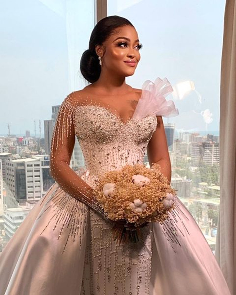 Luxury Crystal Plus Size Wedding Dresses with Detachable Train Long Sleeve Beaded Stain Lace-up Aso Ebi Vestidos novias boda 2022 Bridal Gown