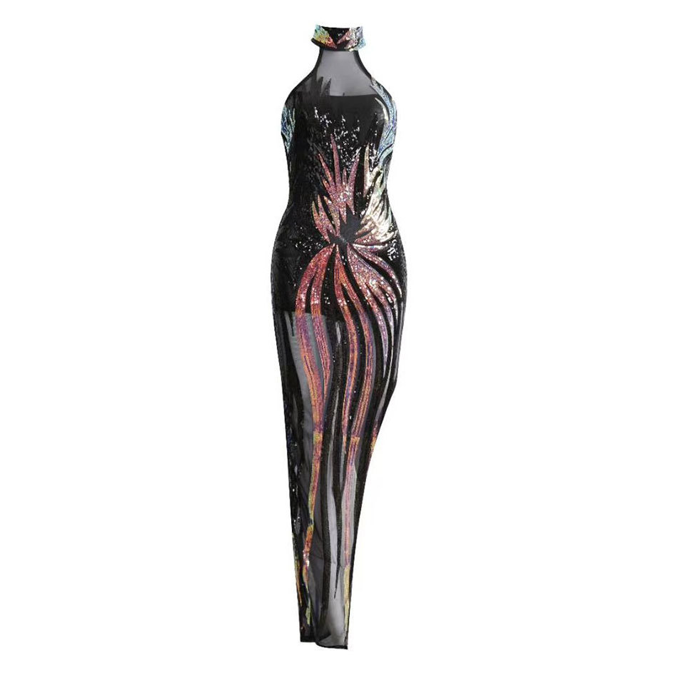 Free Shiny Sequin Dress Women Sexy O-Neck Sleeveless Bodycon Halter Club Midi Split Party Vestidos 210524