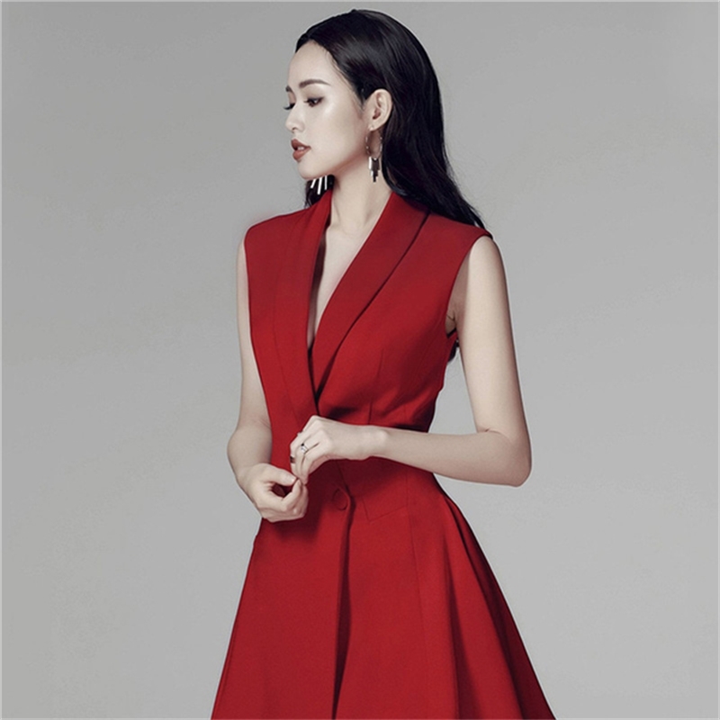 Fashion Summer Women Sleeveless Notched Collar irregular Party Red Dress Office OL Business casual Slim Formal 210519