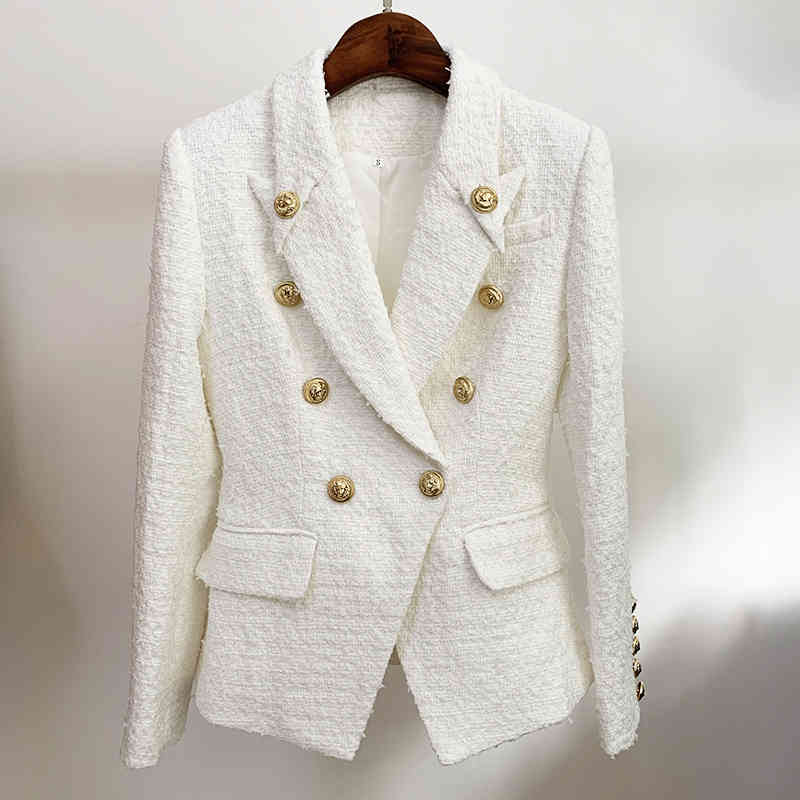 HIGH STREET Newest Fall Winter Jacket Women's Double Breasted Lion Buttons Slim Fitting Tweed Blazer 210330