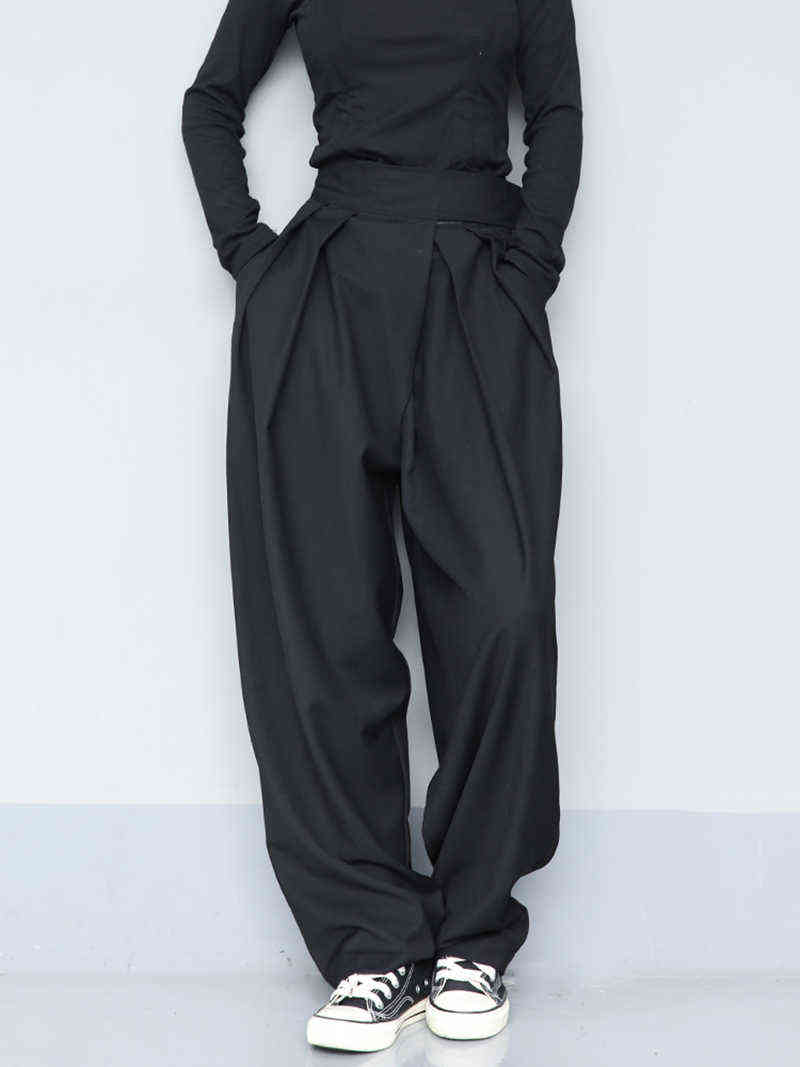 [EAM] High Waist Black Brief Pleated Long Wide Leg Trousers Loose Fit Pants Women Fashion Spring Autumn 1S399 211115