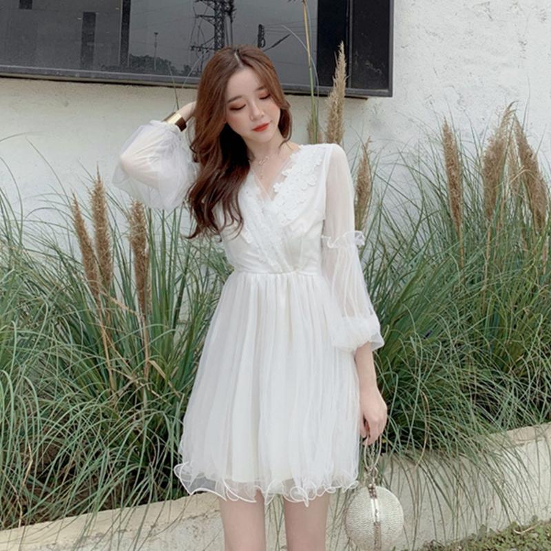 Sannian French Personality Dress Summer Retro Mesh V-neck Lace Clothes China Long Pleated Dresses Preppy Style Casual