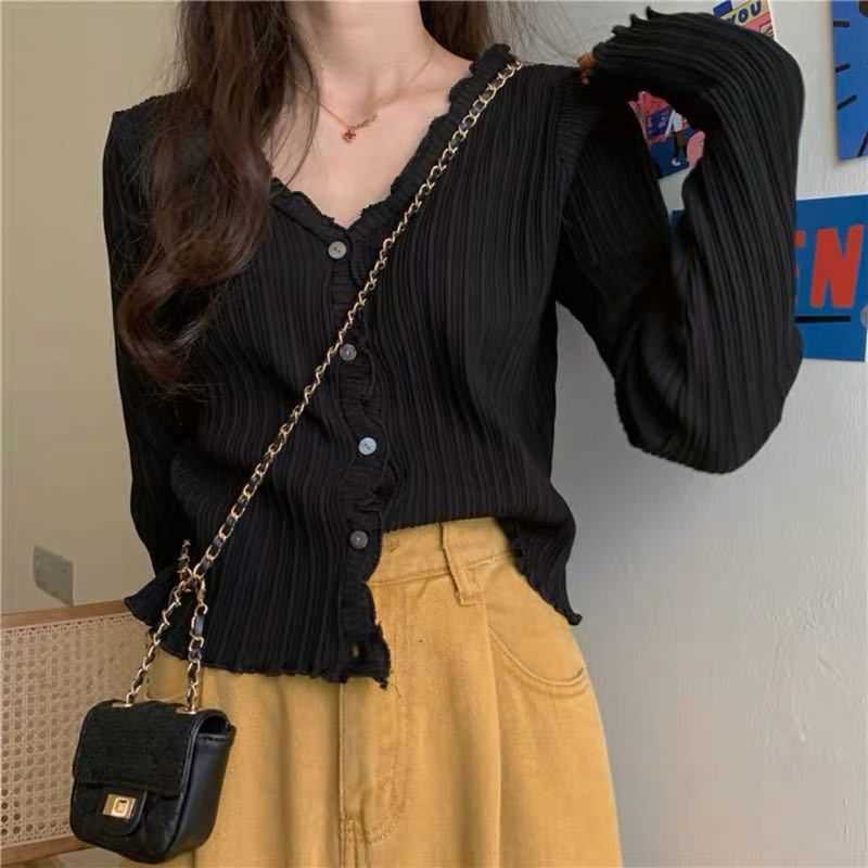 Women Summer Long Sleeve Sunscreen Cardigan Ribbed Knit Ruffles Sweater Crop Top Button Down Solid Color V-Neck Outwear 210918