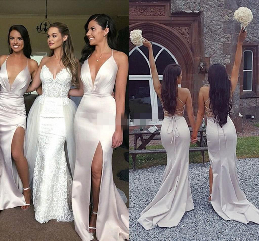 2021 Cheap Satin Bridesmaid Dresses Sexy Spaghetti Straps Plunging V Neck Side Slit Mermaid Maid of Honor Gown Wedding Guest Formal Wear