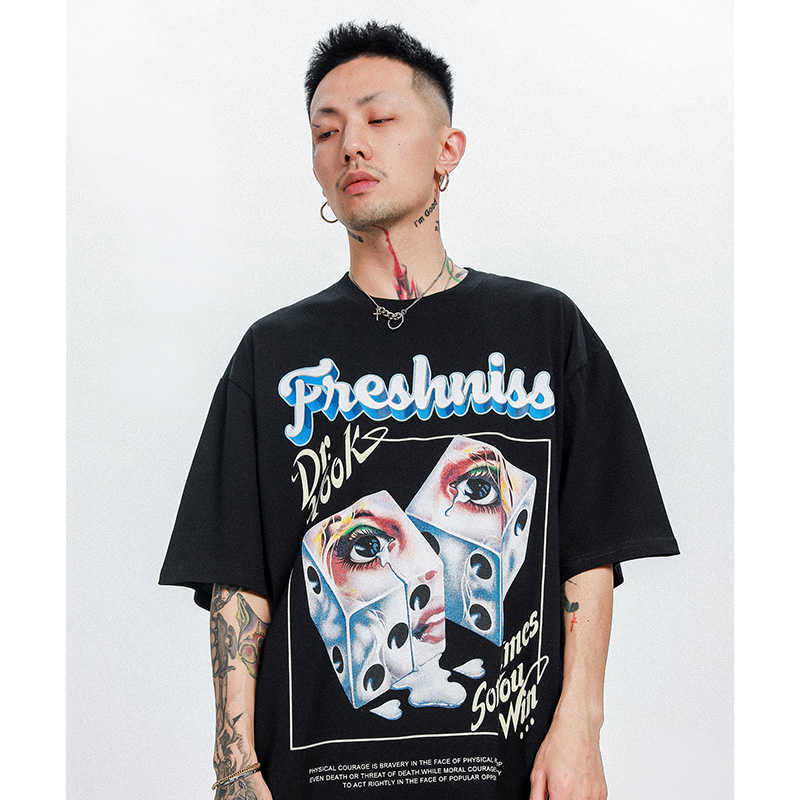 Hip Hop Streetwear Oversize Tshirt Men Harajuku Circle Letter Dice Print T Shirt Spring Summer Short Sleeve T-Shirt Black 210707