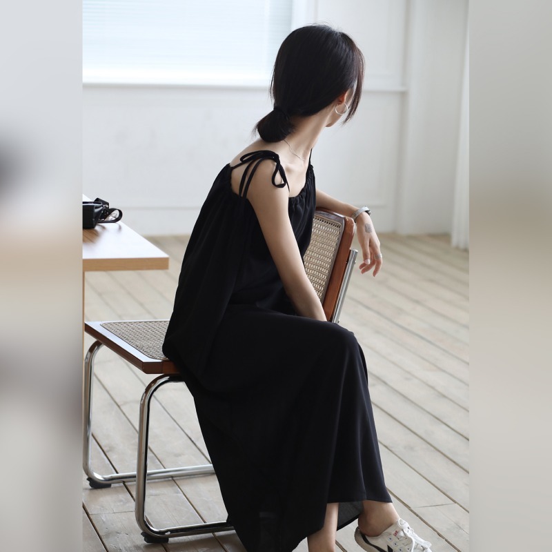 2 colors summer dress korean style soild color loose adjustable spaghetti strap black long dresses womens (B8969) 210423
