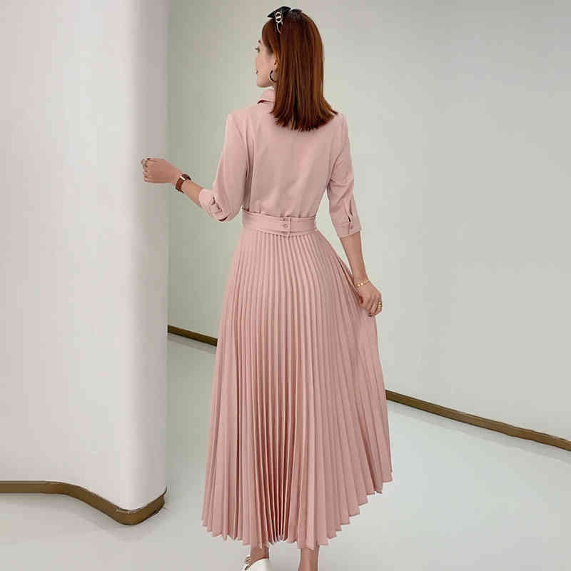 VGH Vintage Pink Shirt Dress For Women Lapel High Waist Pleated Elegant Midi Dresses Female Fashion New Clothing Spring Style 210421