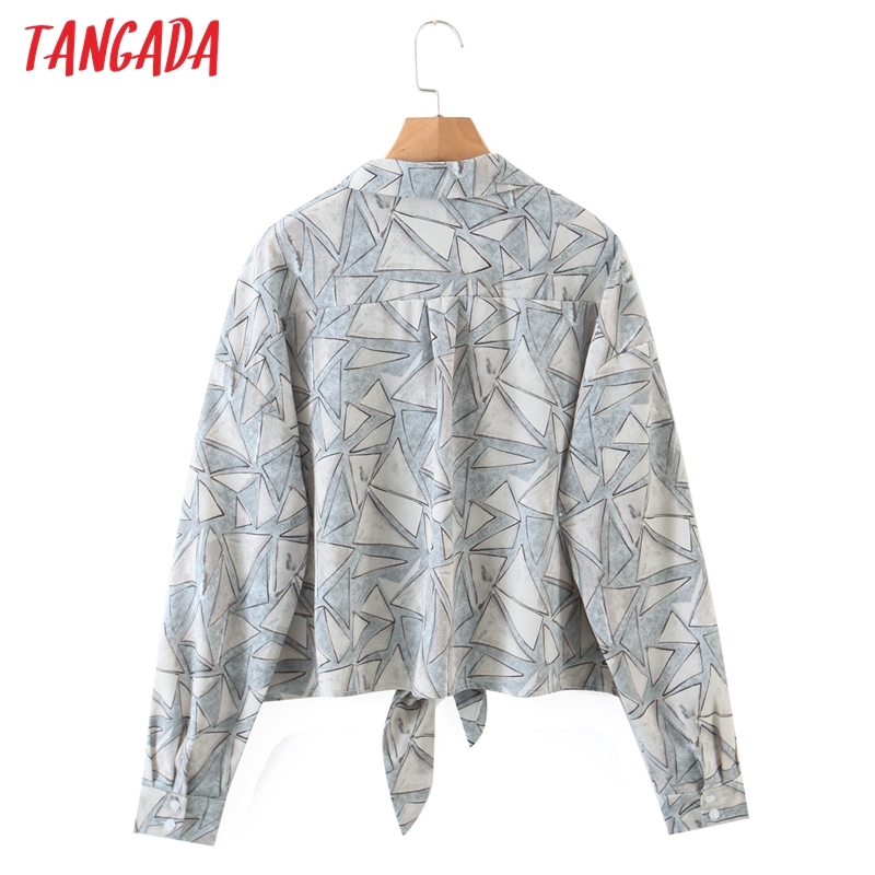 Women Retro Geometry Print Crop Long Sleeve Chic Female Loose Shirt Tops QW91 210416