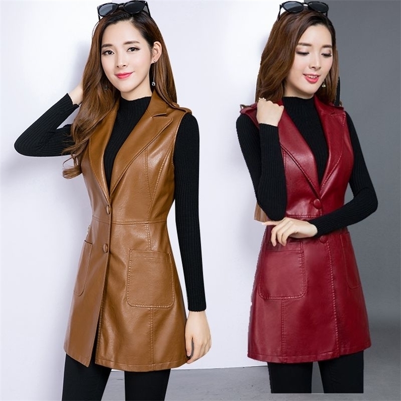Plus Size 3XL PU Leather Red Women's Vest Long sleeveless sherpa Coat Female Spring Waistcoat for Feminine jacket 210819