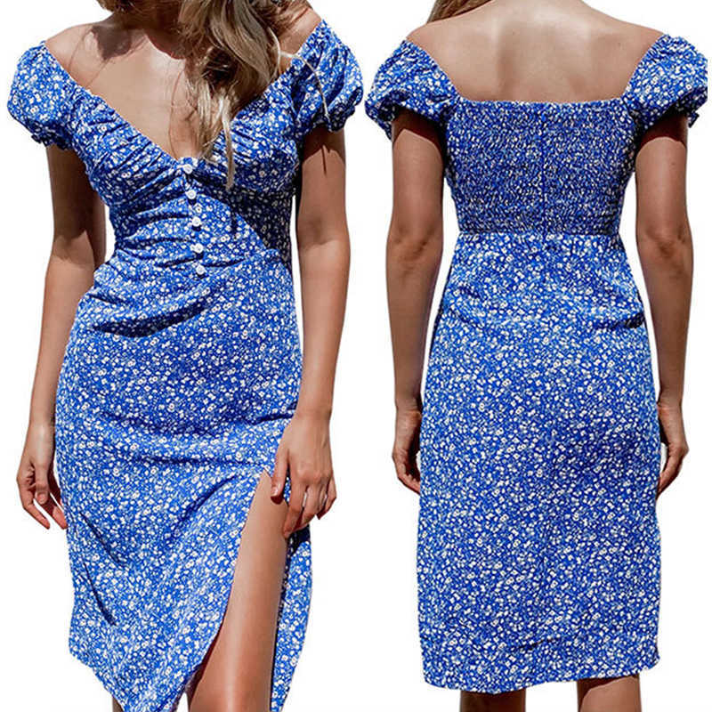 Women Summer Floral Print Pencil Dress Sexy V Neck Pleated Buttons Puff Sleeve Elastic Waist Split Slim Wrap Hips Ladies Dresses 210526