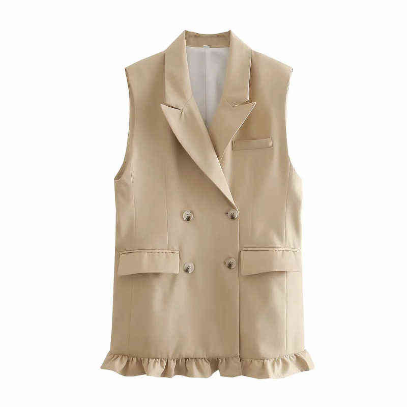 SLMD Stylish Chic Khaki Ruffles Double Breasted Vest Coat Women Fashion Pockets Waistcoat Female Casual Outfitsar 211120