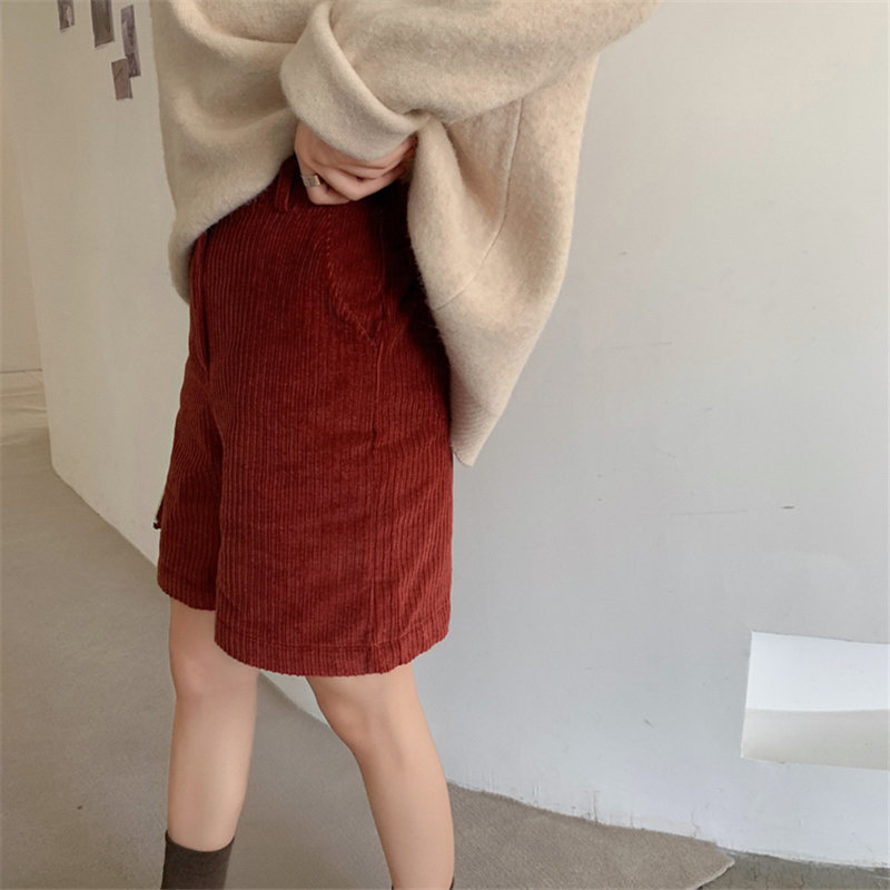 Red High Waist Corduroy Slender Casual Streetwear Chic Fashion Women All-Match Loose Simple Wide Leg Shorts 210421