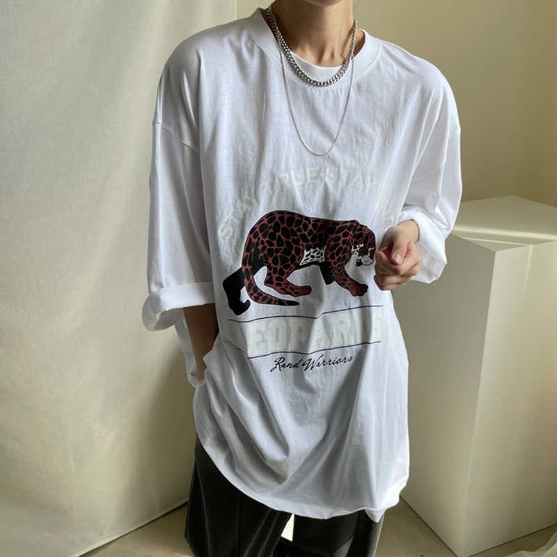 Korejpaa Women T-Shirt Summer Korean Chic All-Match Round Neck Leopard Letter Printing Loose Casual Large Version Pullover 210526